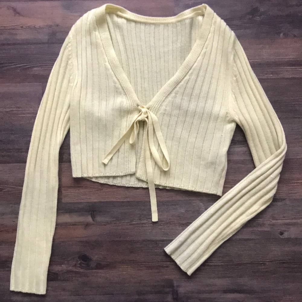 Pastel yellow ribbed knit cardigan from SHEIN